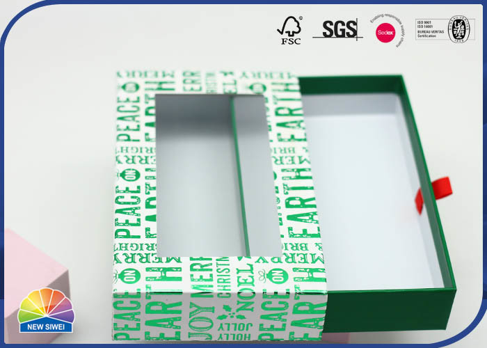 Green Customized Rectangle Drawer Paper Box 4C Printed Rigid Cardboard With Silk Ribbon